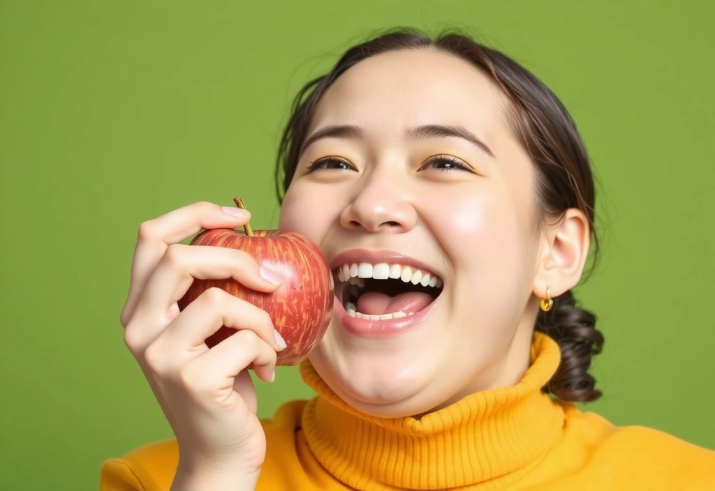 Ein lächelnder Mensch, der einen Apfel isst, symbolisiert die Freude an gesunder Ernährung.
