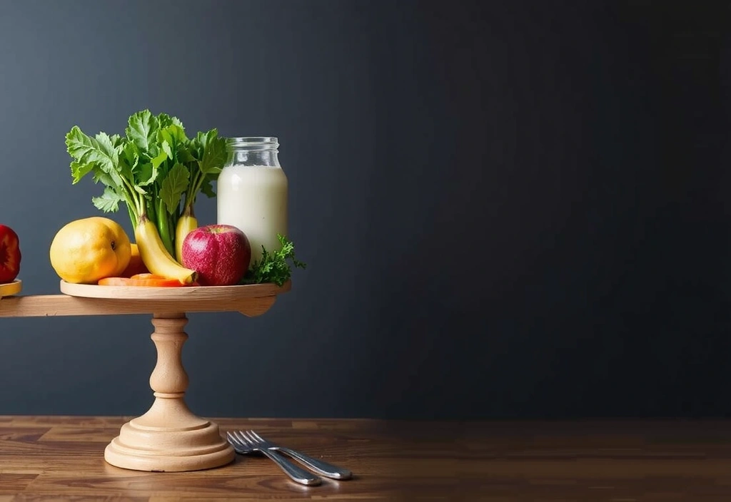 Eine Waage mit ausgewogenen Lebensmitteln auf beiden Seiten, symbolisiert das Gleichgewicht in der Ernährung.