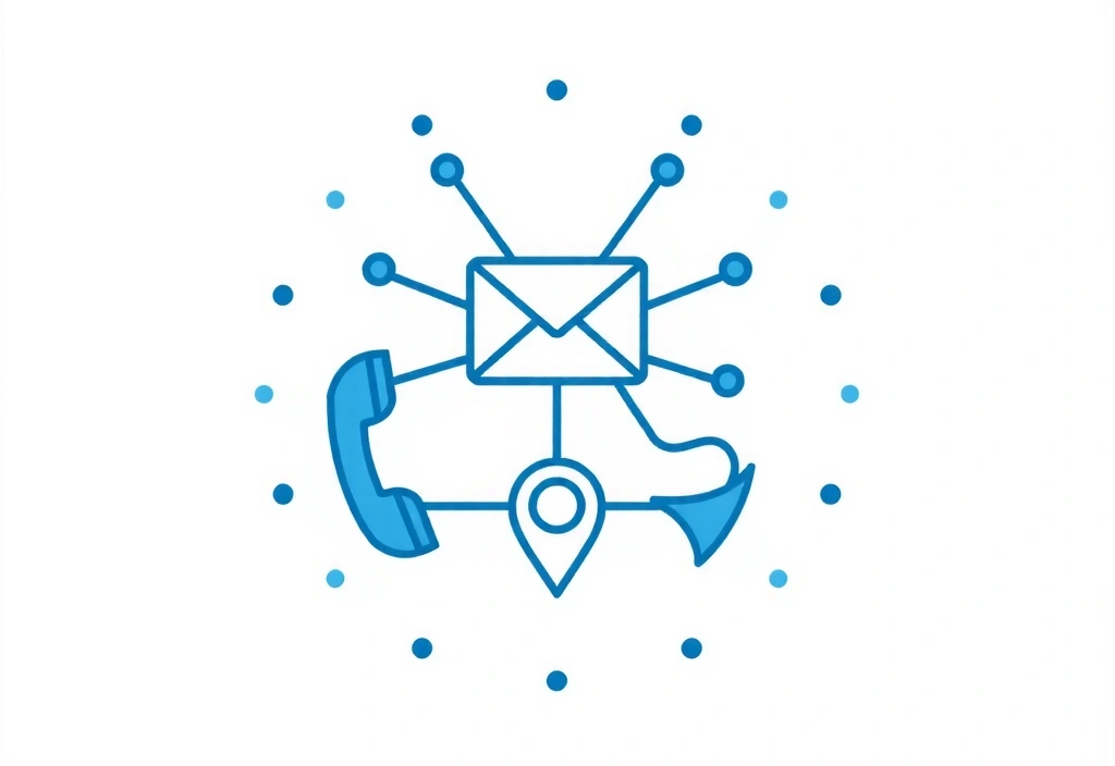 Symbole für Telefon, E-Mail und Standort, die Konnektivität darstellen