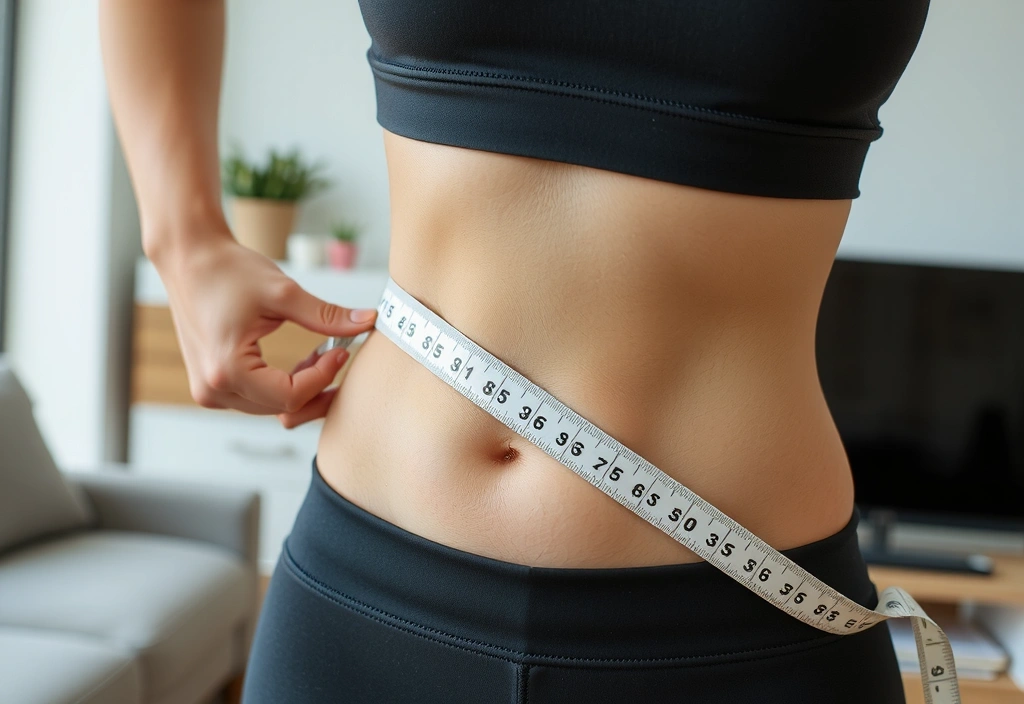 Eine Person hält ein Maßband um ihre Taille, symbolisiert Gewichtsmanagement