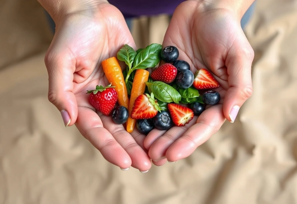 Hände halten ein Herz aus Gemüse und Obst, symbolisiert Ernährung bei Krankheiten