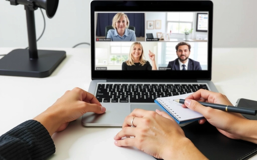 Laptop zeigt eine Videokonferenz, während Hände Notizen machen, symbolisiert technische Bereitschaft.