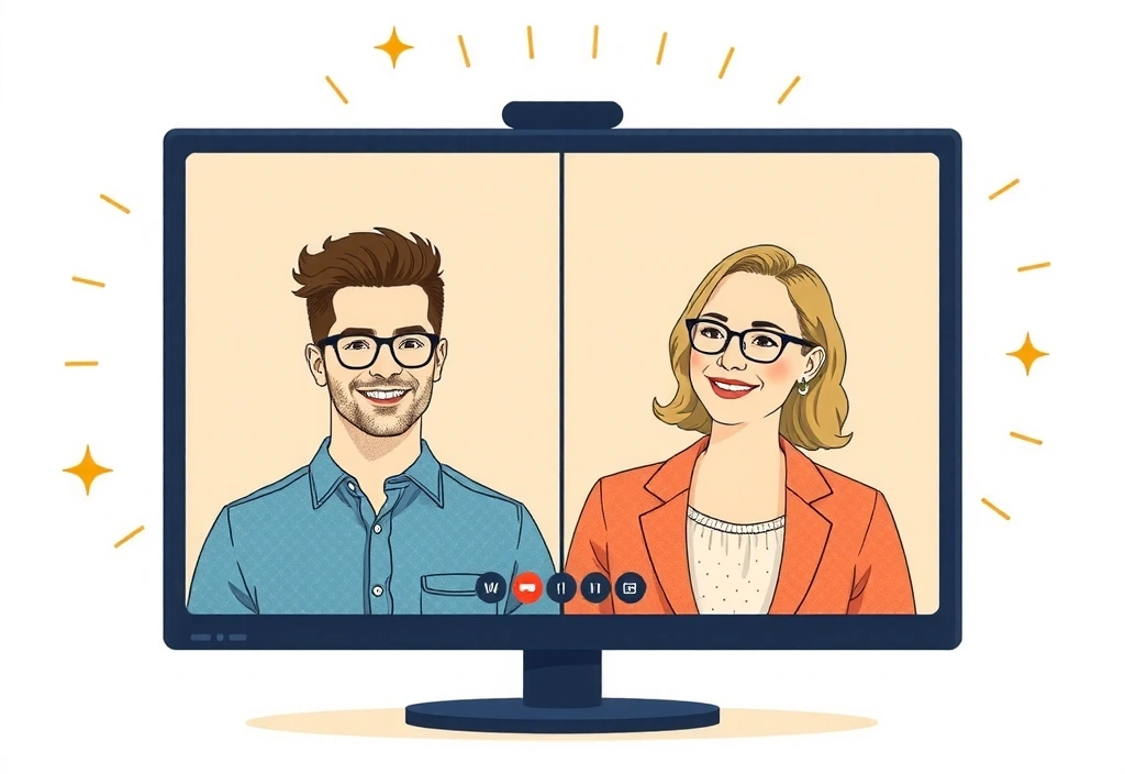 Zwei Personen in einer Videokonferenz, die sich austauschen und lächeln.
